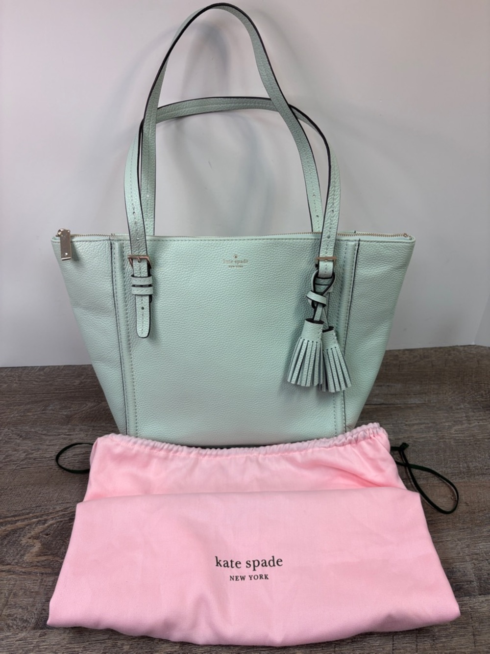 Kate Spade New York Orchard Street Maya Leather Tote Bag Mint Green Tassel